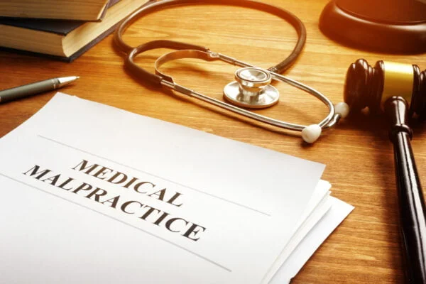 Documents titled “Medical Malpractice” lay on a wooden desk alongside a gavel, pen, and stethoscope.